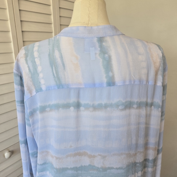 TruSelf Blue‎ Green Watercolor Striped Tunic Top Size 3X Split Neck Coastal Boho - Picture 7 of 11